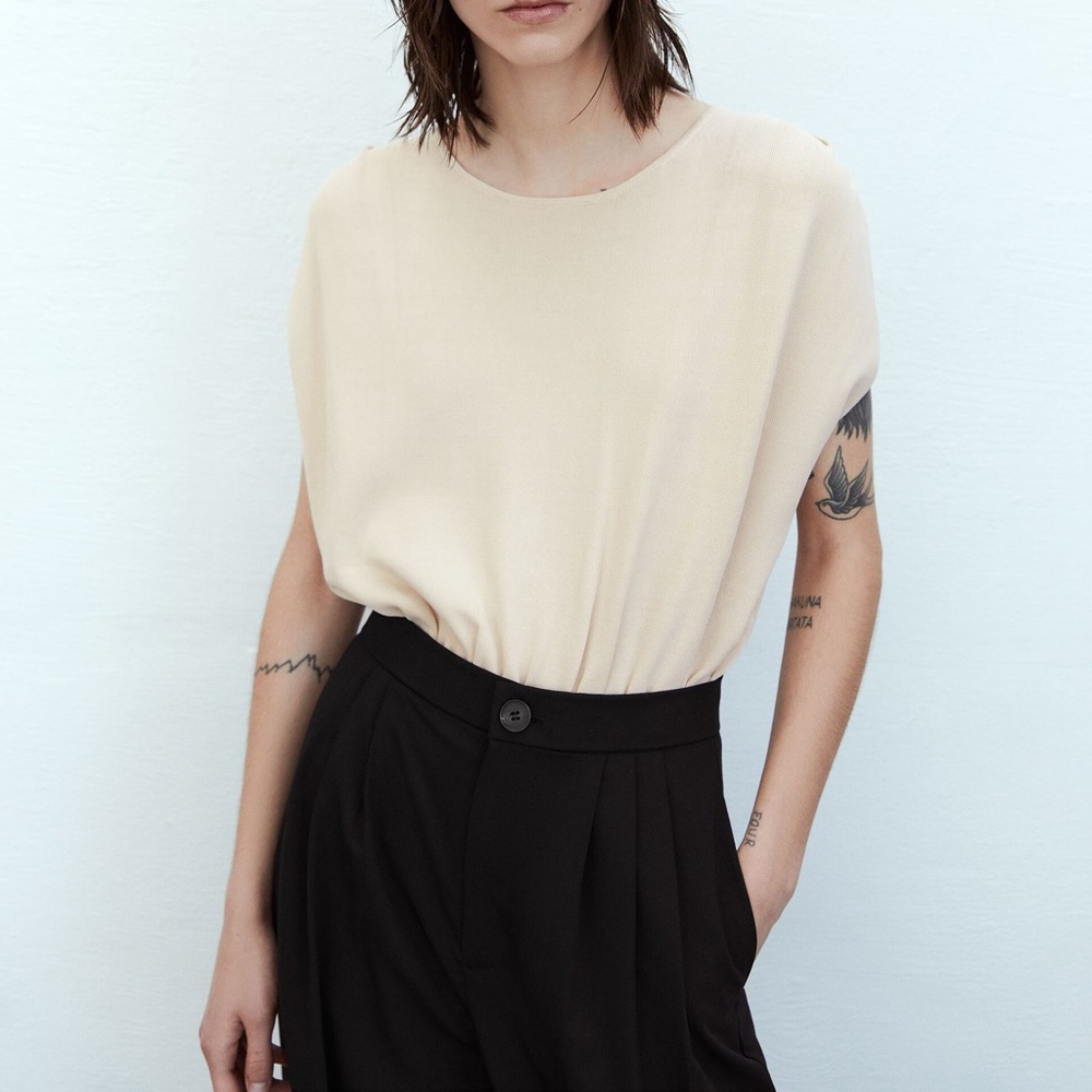 🤍 ZARA Bandage Knit Draped Cap Ruched Shoulder Bodysuit Top